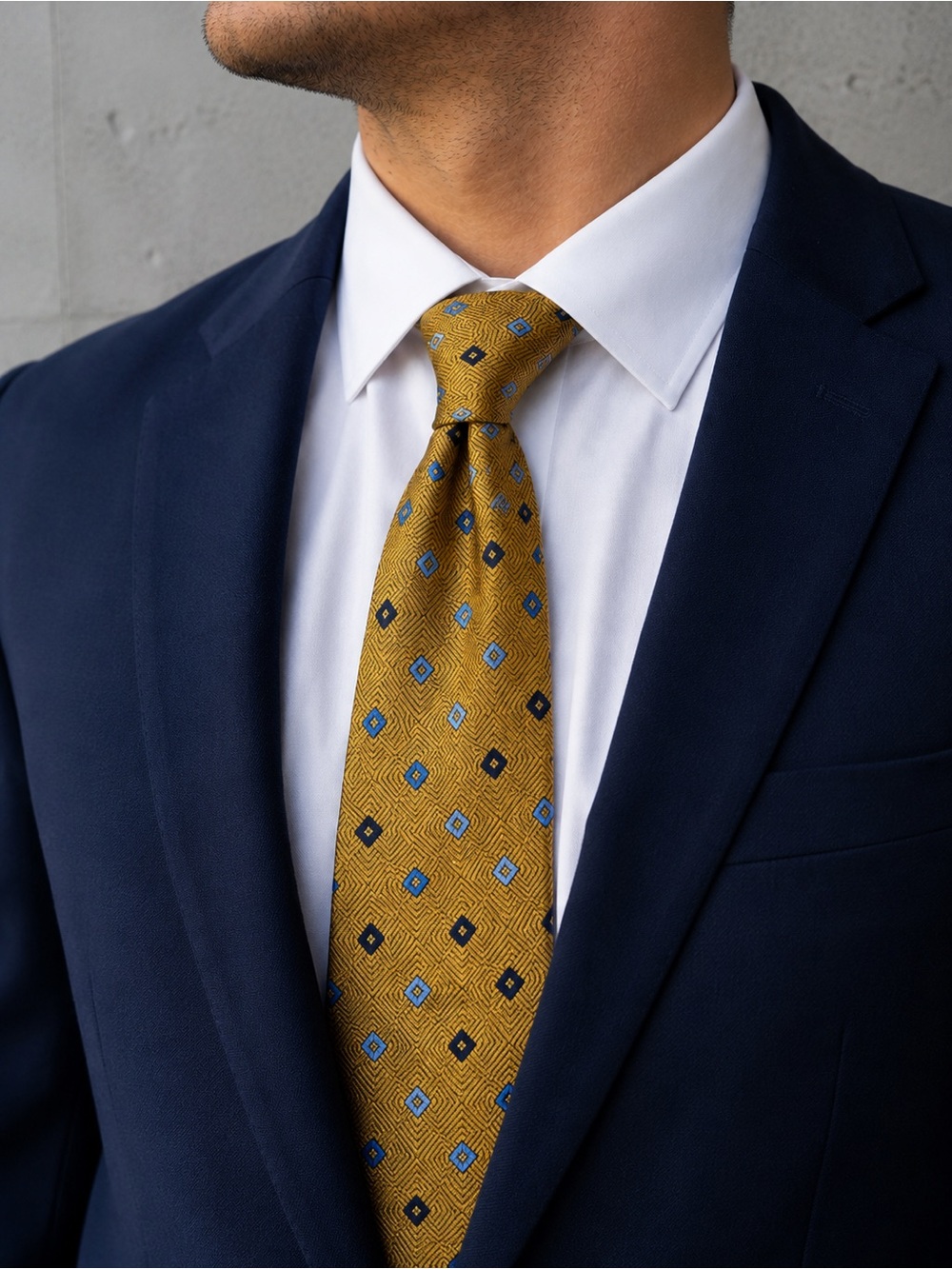 Brooks Brothers 346 Gold Blue Geometric Pure Silk Tie Herringbone Necktie Preppy
